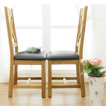 Ghế Lưng X : Gỗ Sồi + Mặt Ghế Nệm Da PU ( Màu Đen )
